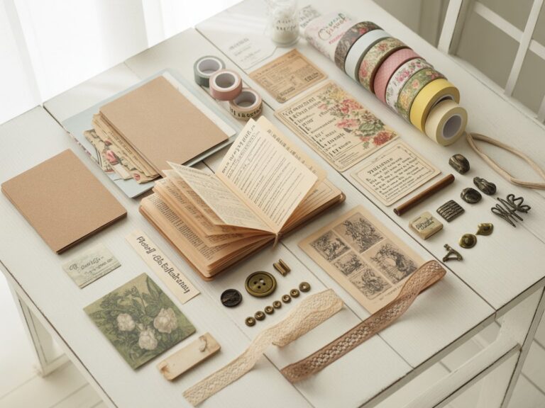 Flat lay of junk journal kit for beginners with vintage ephemera, washi tape, kraft paper, and embellishments on white wooden table