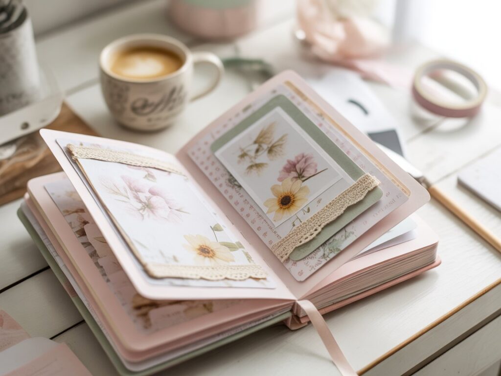 open junk journal on a white wooden desk